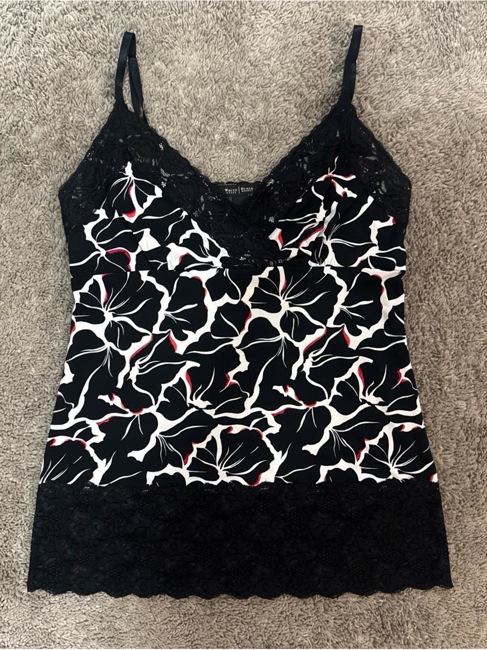 White House Black Market Black Floral Lace-Trim Cami with White and Pink Print